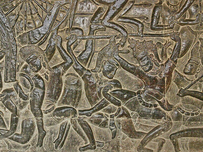 The Battle of Kurukshetra portrayed on the West Gallery bas-reliefs at Angkor Wat, Cambodia