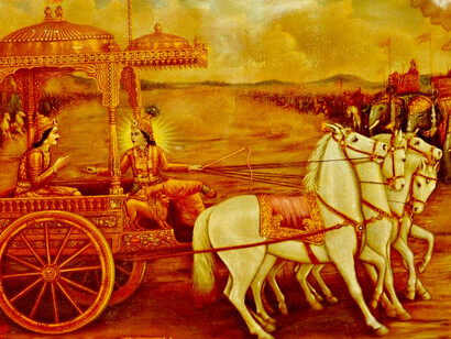 Vintage lithograph of the Hindu god Krishna from the Bhagavad Gita tradition by Vasudeo Pandya, c. 1932