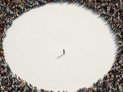 Standing apart from the crowd, a solitary individual takes a bold risk in pursuit of a greater vision