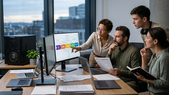 A diverse team of experts collaborates to design a human-centered AI framework, prioritizing transparency, data ethics, and sustainability for a safer digital future