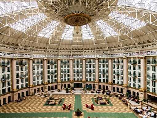 The domed atrium of West Baden Springs Hotel in Indiana, reflecting the splendor that earned it the title of the "Eighth Wonder of the World"