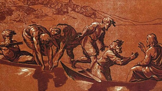 Ugo da Carpi, after Raphael, The Miraculous Draught of Fishes, c. 1523-27, Chiaroscuro woodcut printed from three blocks, the tone blocks in red, 23.4 x 25.7 cm, Albertina, Vienna, Photo Albertina, Vienna