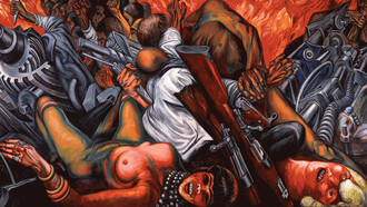 Katharsis (1934–1935, detalle), de José Clemente Orozco, expresa mediante el caos y la violencia extrema la ruptura del orden moral y jurídico, signo de un mundo gobernado por la fuerza y la impunidad