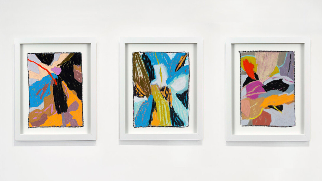 Rebekah Callaghan, Untitled series, oil pastel on paper, 14x11 inches each, framed. Courtesy of Maybaum Gallery