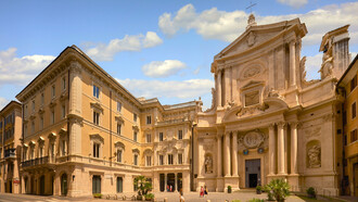 The facade of the Six Senses Rome hotel, which includes Palazzo Mellini, part of the Monastery of the Servite Order, and Palazzo Decarolis