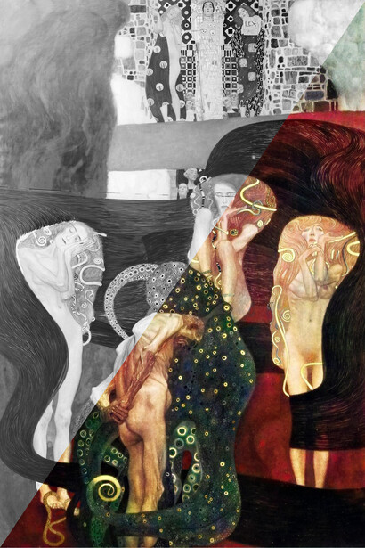 Gustav Klimt, Jurisprudence (faculty painting), 1900-1907, recolourisation after historical photograph. Courtesy of Lower Belvedere
