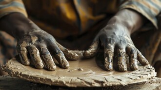 Skilled hands carefully shaping wet clay on a pottery wheel, representing the craftsmanship that has sustained African artistic traditions