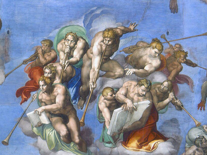 Michelangelo, Giudizio Universale, particolare, Gli angeli delle sette trombe,
