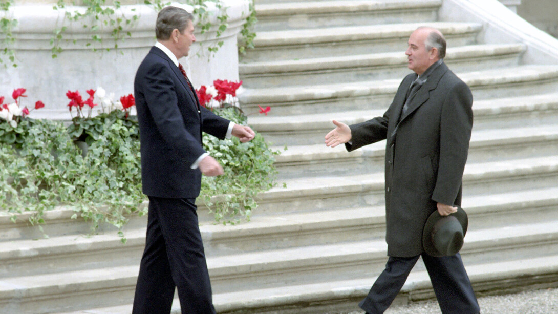 US President Ronald Reagan greeting USSR General Secretary Mikhail Gorbachev at Fleur D'Eau in Geneva, Switzerland