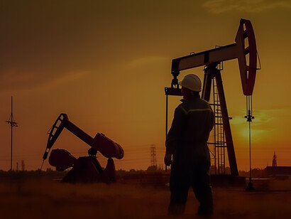 The harmonious blend of human endeavor and cutting-edge technology as a worker and oil rig are artfully rendered against the backdrop of a sunset using generative AI technology