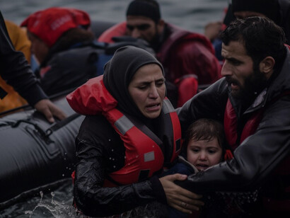 In a Mediterranean Sea migration crisis, individuals don life jackets aboard a refugee boat