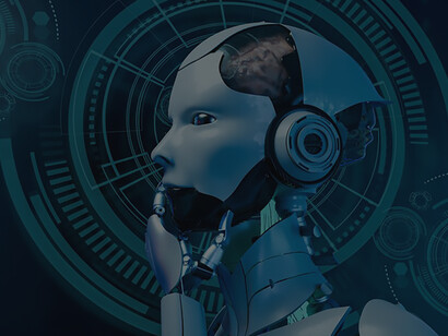 Amidst society's pursuit of wisdom and the data deluge of information overload, a robot represents the intersection of AI technology and technological advancement