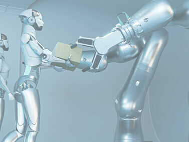 Robots performing human tasks like carrying boxes, driven by Artificial General Intelligence (AGI) in the context of Industry 4.0