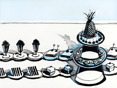 Wayne Thiebaud, Snack Bar, 2017. Color sugar lift aquatint with drypoint. Image size: 21½ x 27½"; paper size: 30¾ x 35¾". Edition 35. Courtesy of Crown Point Press