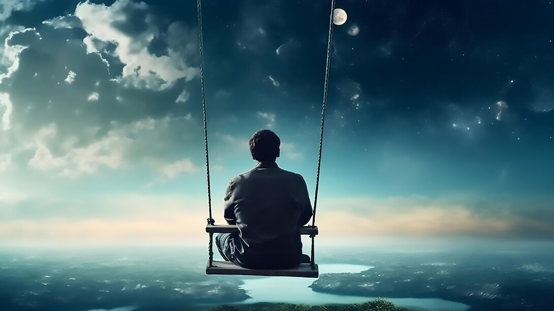 Cinematic scene of man sitting at swing