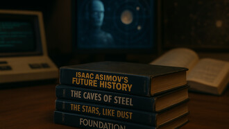A symbolic still life of Asimov’s legacy, where worn volumes meet futuristic visions of robots and galaxies