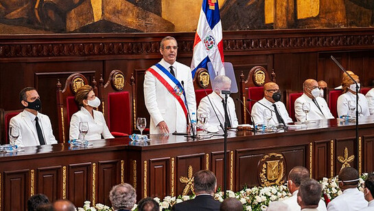 Dominican President Luis Abinader addresses the room at his inauguration ceremony in Santo Domingo, Dominican Republic, on the 16th of August, 2020