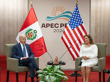 President Joe Biden participates in a bilateral meeting with President Dina Boluarte Zegarra of Peru, Friday, November 15, 2024, during the APEC Summit in Lima, Peru