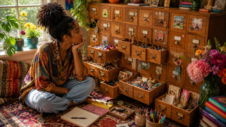 A collection of drawers overflowing with keepsakes, reflecting the idea of creating tiny rooms for important things