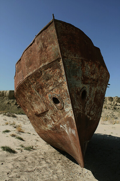 Rusty boat in Moynaq (Karakalpakistan, Uzbekistan). Consequence of the disappearance of the Aral Sea