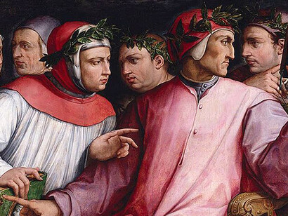 Medieval and Renaissance Italian writers portrayed by Giorgio Vasari in Six Tuscan Poets (1544). From left to right: Cristoforo Landino, Marsilio Ficino, Francesco Petrarca, Giovanni Boccaccio, Dante Alighieri, and Guido Cavalcanti