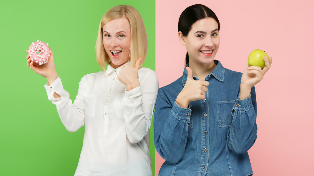 In the concept of dieting, a beautiful young woman deliberates between nutritious fruits and unhealthy cake, emphasizing the choice for a healthy lifestyle