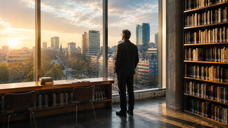 A scholar standing in a library overlooking the city, highlighting the bridge between human wisdom and technological transformation