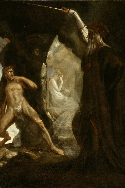 Henry Fuseli
Swiss (active in England), 1741–1825
Prospero, Caliban, and Miranda in Shakespeare’s The Tempest, Act 1, Scene 2
ca. 1806–10
Oil on canvas
35 ½ x 27 ½ in. (90.2 x 69.8 cm)
Sidney and Lois Eskenazi Museum of Art