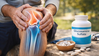 An adult gently supports a sore knee, illustrating the everyday reality of joint strain and the growing interest in glucosamine for long-term joint support