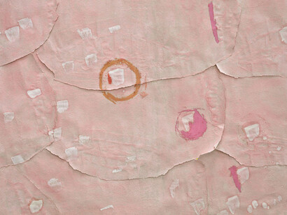 Karla Black, Routines, detail, 2014, sugar paper, chalk, body paint, ribbon, lipstick, concealer, primer, 195 x 470 cm, 76 3/4 x 185 1/8 ins, Copyright the artist; Courtesy Stuart Shave/Modern Art, London, and Gisela Capitain, Cologne; Photography RG Image