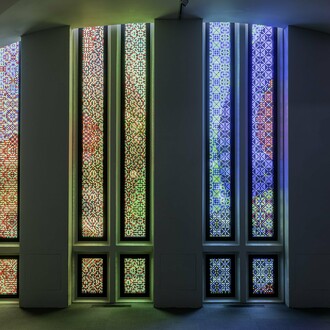 Barrow Parke,
GRB5 (detail), 2023,
1/2 inch vinyl squares on windows,
University Art Museum, University at Albany,
Dimensions variable, Photo by Jesse Alsdorf.
Courtesy of the artists and JDJ, New York and Garrison