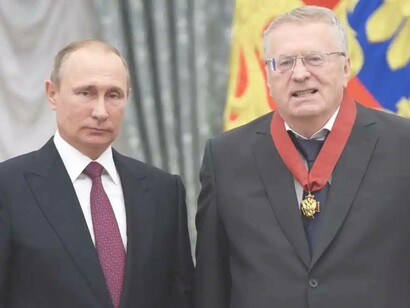 Vladimir Zhirinovsky (right) with Russian President Vladimir Putin at a medal-awarding ceremony in Moscow, Russia