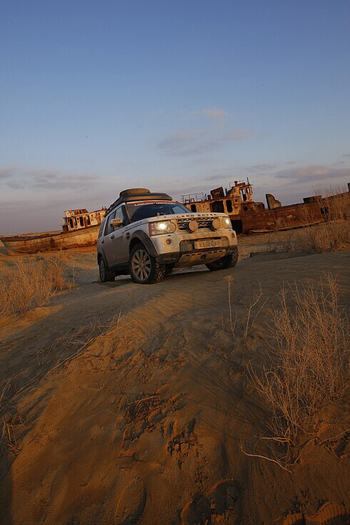 A backdrop for the Land Rover Journey of Discovery as it crosses the Aral sea en-route to Beijing