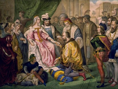 Christopher Columbus kneeling in front of Queen Isabella I, Library of Congress Prints and Photographs Division Washington
