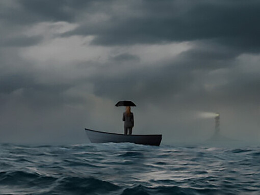 Amidst the challenges, a determined businesswoman, holding an umbrella, gazes at a distant lighthouse while stranded on a boat, seeking guidance and resilience