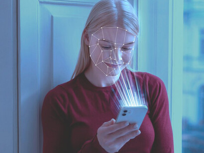 A woman using facial recognition technology on her smartphone