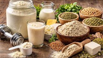 Whey and plant-based protein sources displayed together, highlighting differences in composition, texture, and nutritional origin in a natural, realistic setting
