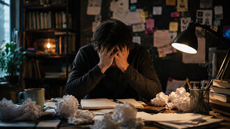 A writer consumed by pressure and self-doubt, highlighting the emotional strain of creating in a noisy world