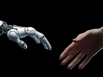 Robot and human hands moving for a handshake