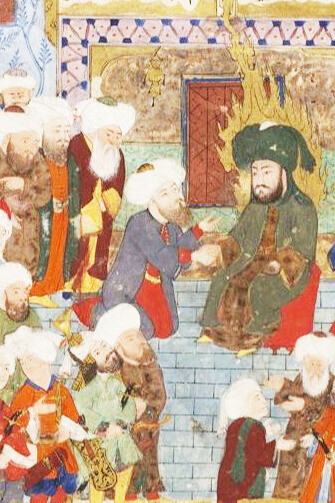 As the people converse with the caliph, they engage with a leader chosen as the successor by divine decree, a tradition dating back to the Prophet Muhammad's time