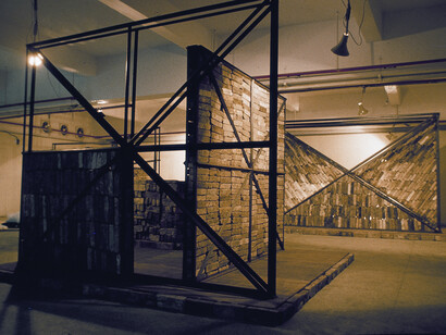 Lin Yilin, "Standard Series of Ideal Residences", 1991, installation, brick, iron, wood, dimensions variable. Installation view, Exhibition of the Big Tail Elephant Group, Guangzhou No.I Workers’ Palace, Guangzhou, 29 January and 2 April 1991. Courtesy of the artist.