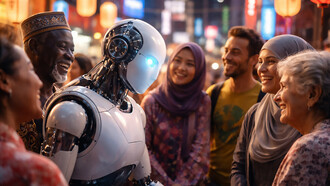 A moment of interaction between artificial intelligence and diverse communities, reflecting how technology is beginning to engage with culture, context, and human connection across borders