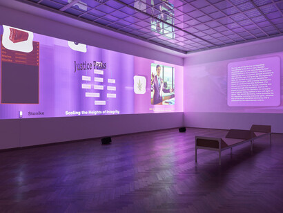 Neïl Beloufa, Humanities, exhibition view. Courtesy of Kunsthalle Basel