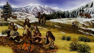 Illustrazione che ritrae un gruppo di Neanderthal in un paesaggio aperto