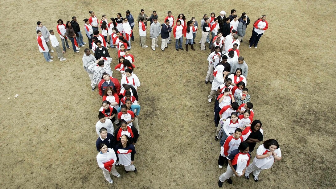 Math students at Maurice J. Tobin School in Boston, Massachusetts, USA celebrate 'Pi Day' in March, forming a human Pi symbol