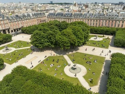 An aerial view of Places des Vosges, Paris, France