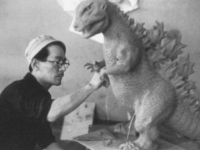 Teizô Toshimitsu working on the Godzilla scale model (1954)