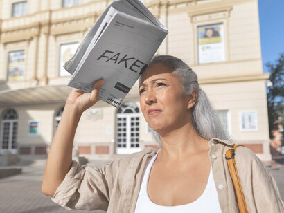 In the post-truth era, a woman is depicted reading a newspaper labeled 'fake news,' highlighting the prevalence of misinformation