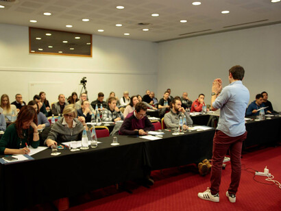 Speaking at a conference