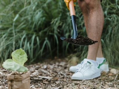 A person holding a shovel, only his legs visible, about to plant a sapling